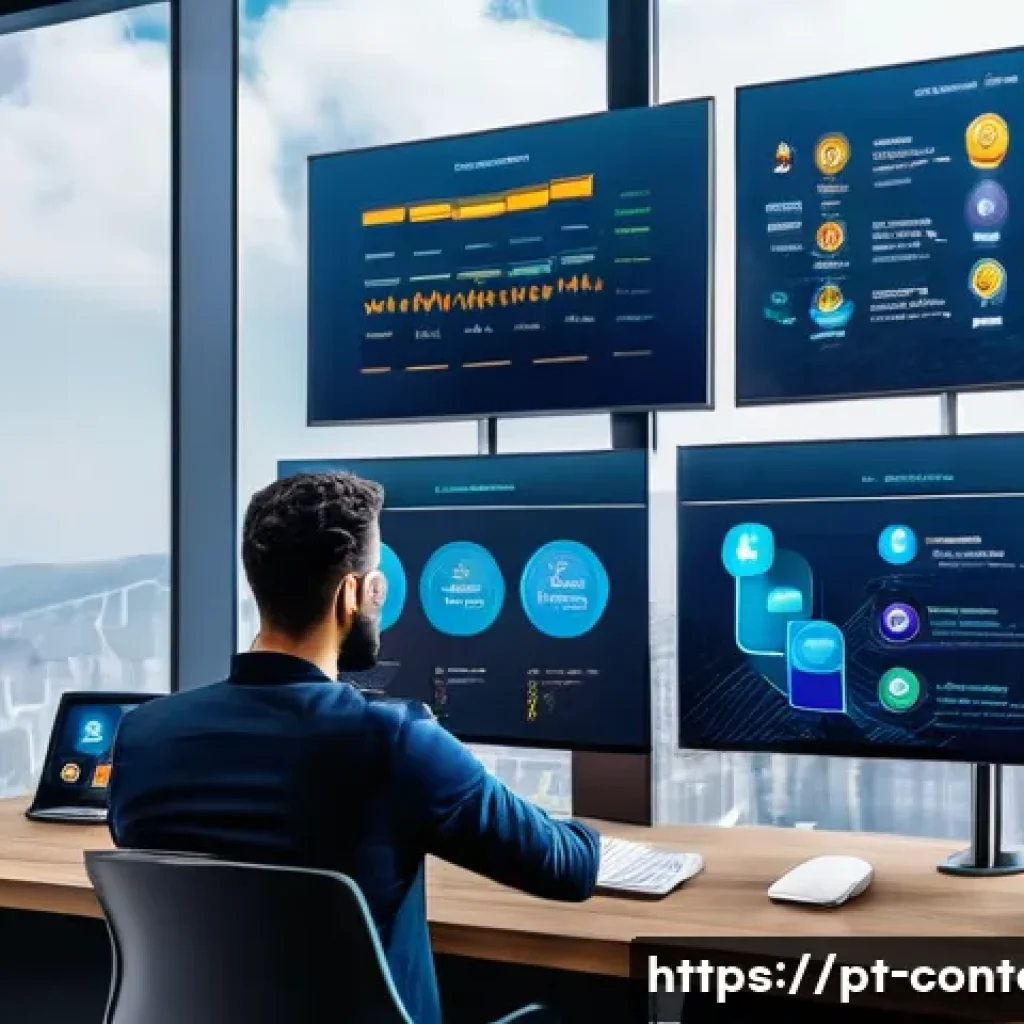 AI 챗봇 비즈니스 적용 - A modern Brazilian office environment with diverse professionals interacting seamlessly with futuris...