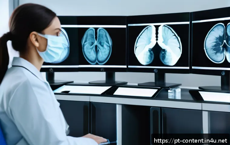 의료 인공지능 활용 사례 - A modern Brazilian hospital radiology room with advanced AI-powered imaging equipment displaying det...